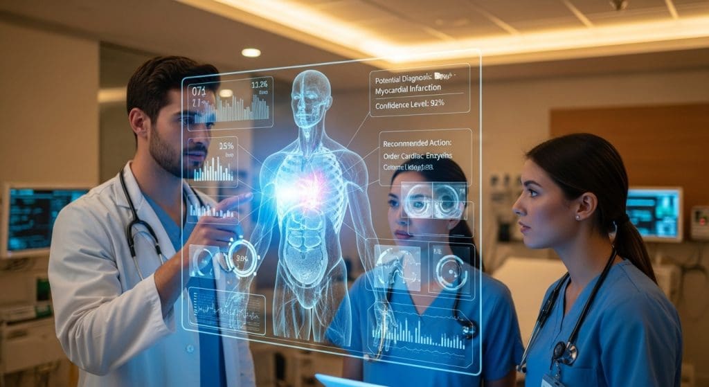 Medico e sistema AI che collaborano per la diagnosi cardiovascolare